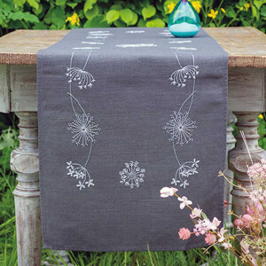 Vervaco stamped satin stitch kit tablechloth "Weiße Blumen", 38x138cm, DIY