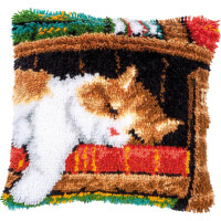 Vervaco stamped latch hook kit cushion "Schlafende Katze", 40x40cm, DIY