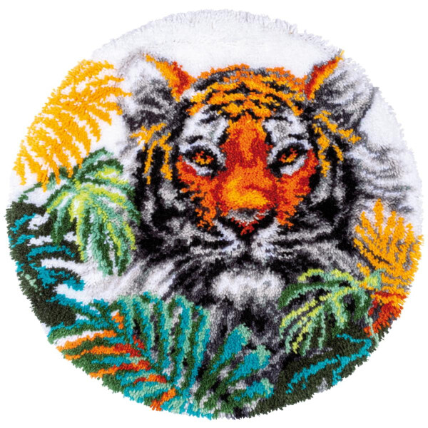 Vervaco Alfombra anudada "Tigre en las hojas de la selva", dibujo anudado pre-dibujado, diam. 67cm