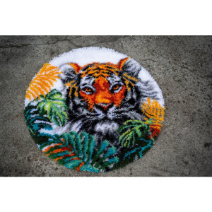 Auslaufmodell Vervaco Knüpfteppich "Tiger in Dschungelblättern", Knüpfbild vorgezeichnet, Diam. 67cm