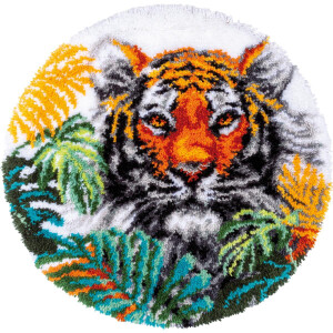 Vervaco stamped latch hook kit rug "Tiger in Dschungelblättern", Diam. 67cm, DIY
