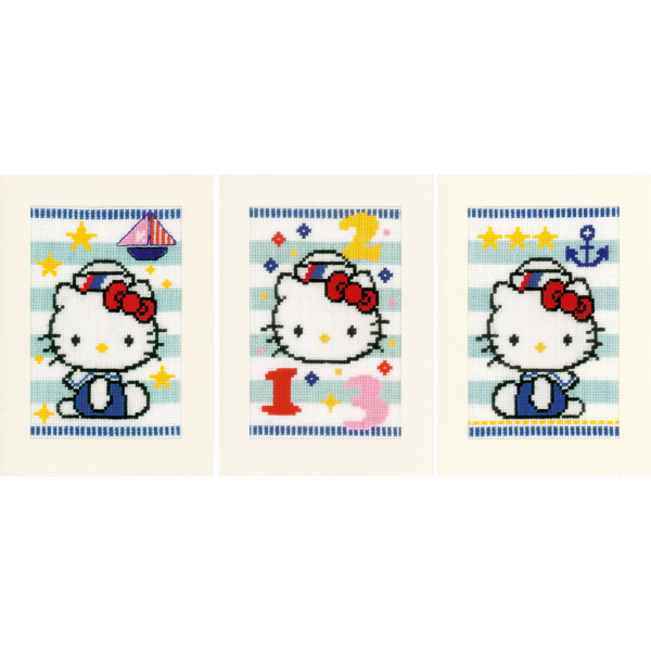 Vervaco Набор для вышивания крестом Поздравительные открытки "Helly Kitty in the Navy II" Набор из 3, счётная схема, 10,5x15 см