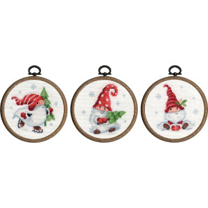 Vervaco counted cross stitch kit "Christmas gnomes in the snow" Set of 3 with hoops, Diam. 10cm, DIY