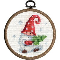 Vervaco counted cross stitch kit "Christmas gnomes in the snow" Set of 3 with hoops, Diam. 10cm, DIY