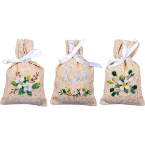 Vervaco herbal bags counted cross stitch kit "Love" Set of 3, 8x12cm, DIY
