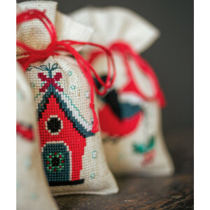 Vervaco herbal bags counted cross stitch kit "Christmas bird and house" Set of 3, 8x12cm, DIY