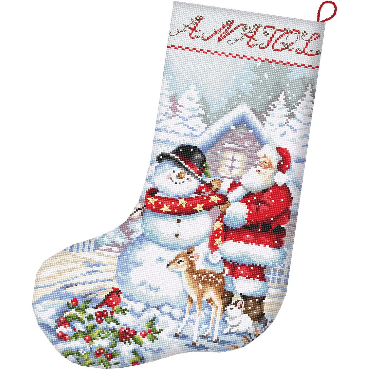 A Christmas stocking with a detailed, festive scene....