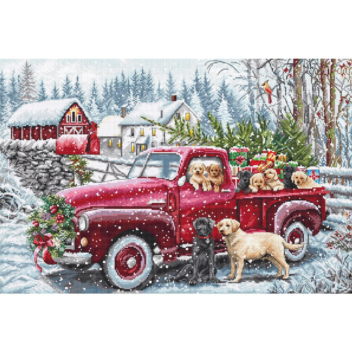 A red vintage truck full of puppies and Christmas...