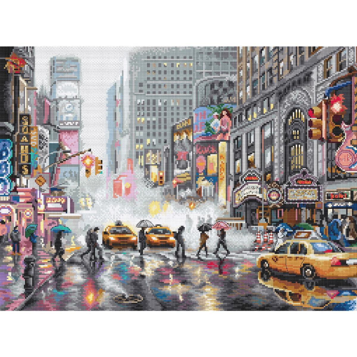A busy street scene in the rain, with cabs and...