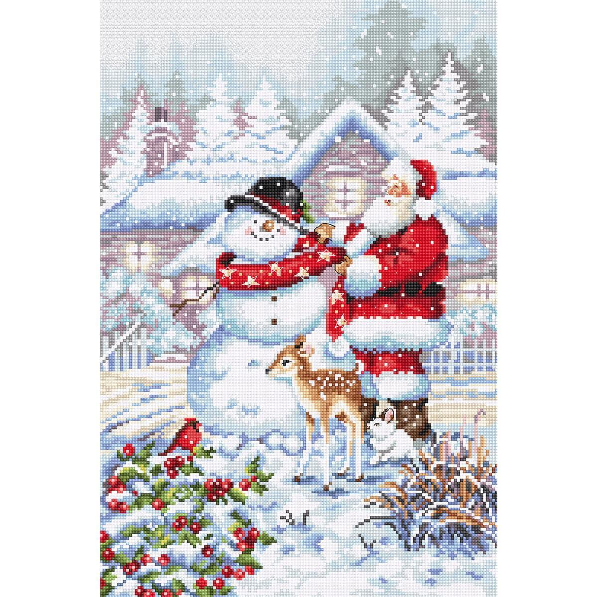 На зимней сцене изображен Дед Мороз, одевающий снеговика...