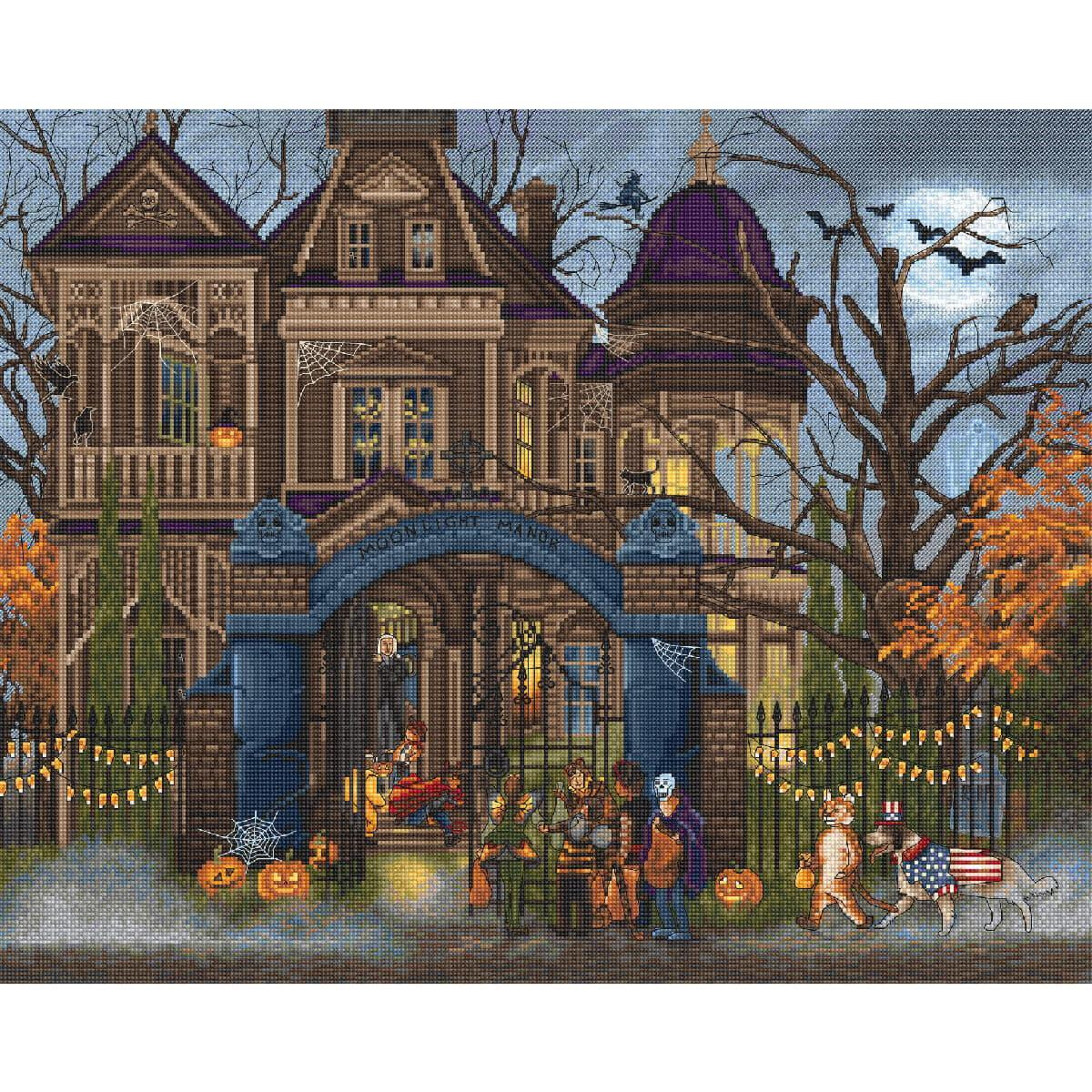 A spooky, detailed Victorian-style mansion decorated for...