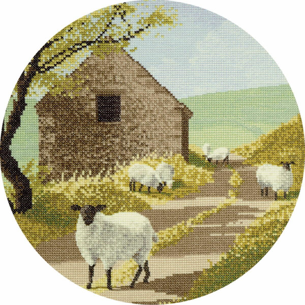 Set de point de croix Heritage Aida "Sheep way (a)", modèle de point de croix, jcst244-a, diam 25,5 cm