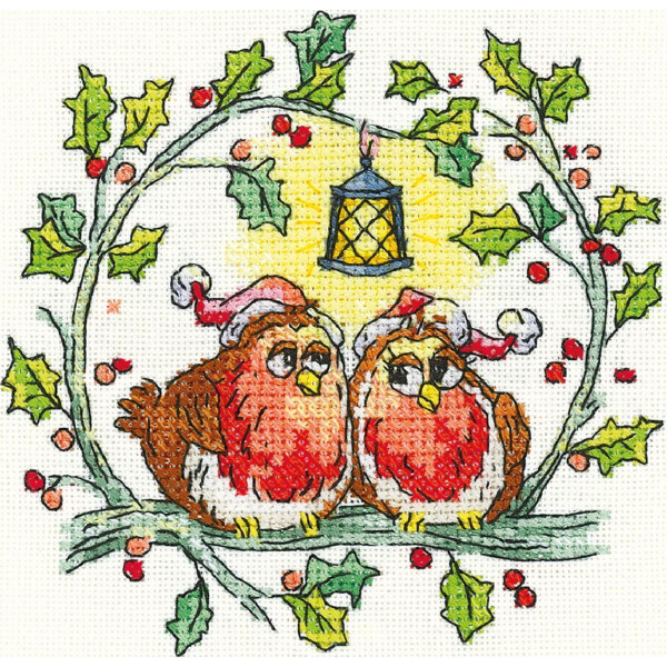 Heritage counted cross stitch kit evenweave fabric "Christmas Robins", BFCR1528-E, 10,5x10,5cm, DIY