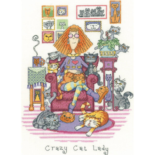 Heritage counted cross stitch kit evenweave fabric "Crazy Cat Lady (L)", CRCL1229-E, 22,5x31cm, DIY