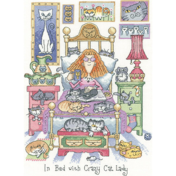 Tessuto Heritage Cross Stitch Set Count "In Bed with Crazy Cat Lady (l)", modello di conteggio, crib1331-e, 22x30cm