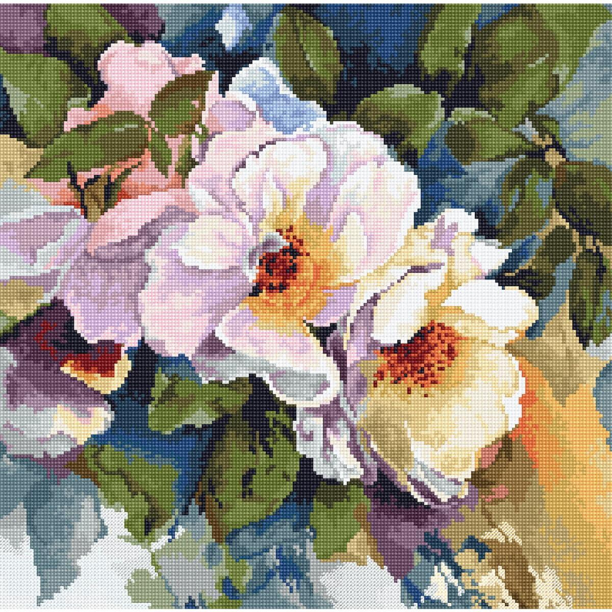 A vibrant floral painting reminiscent of an embroidery...