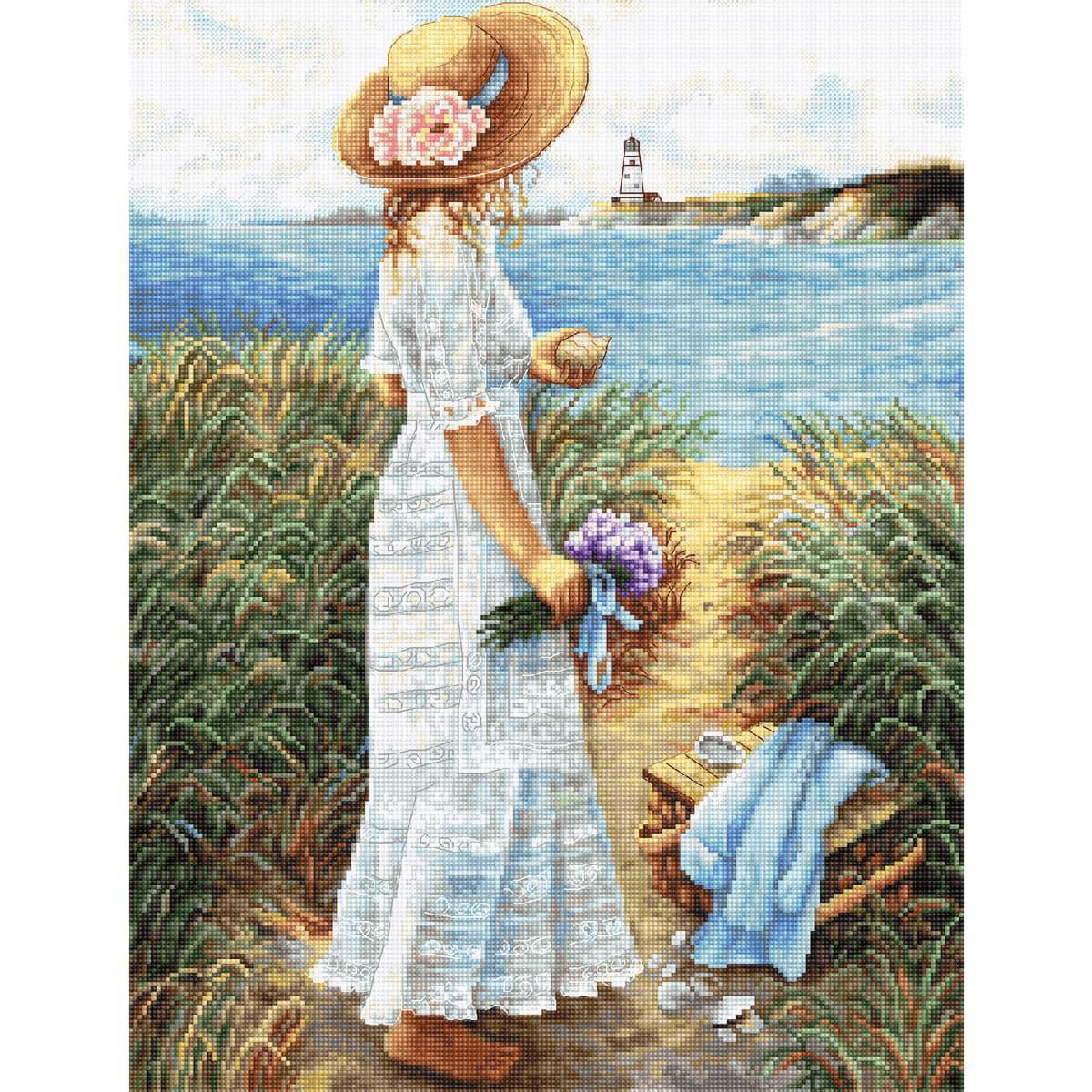 A woman in a white lace dress and a straw hat decorated...