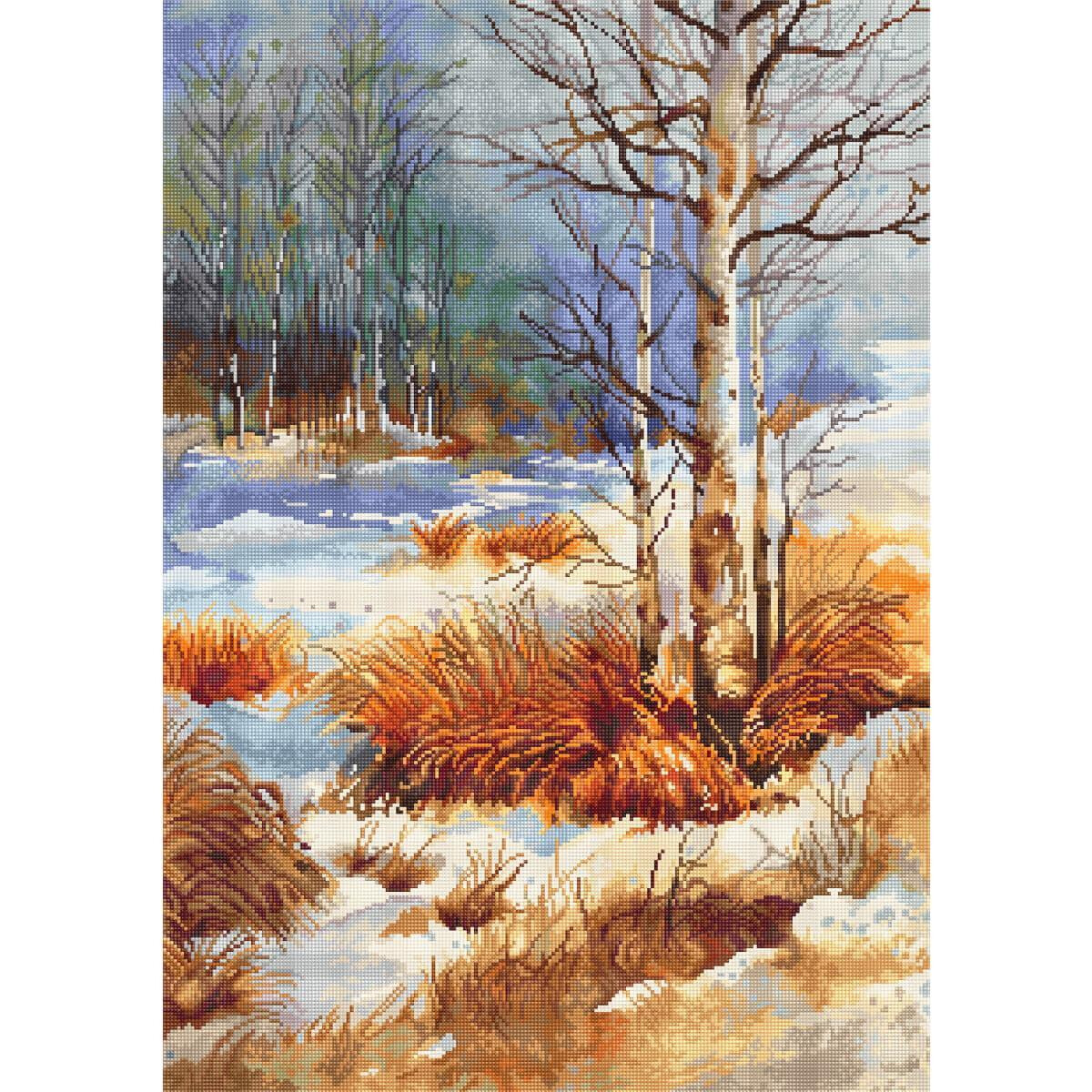 Een kleurrijk tapijt van een winterlandschap met een...