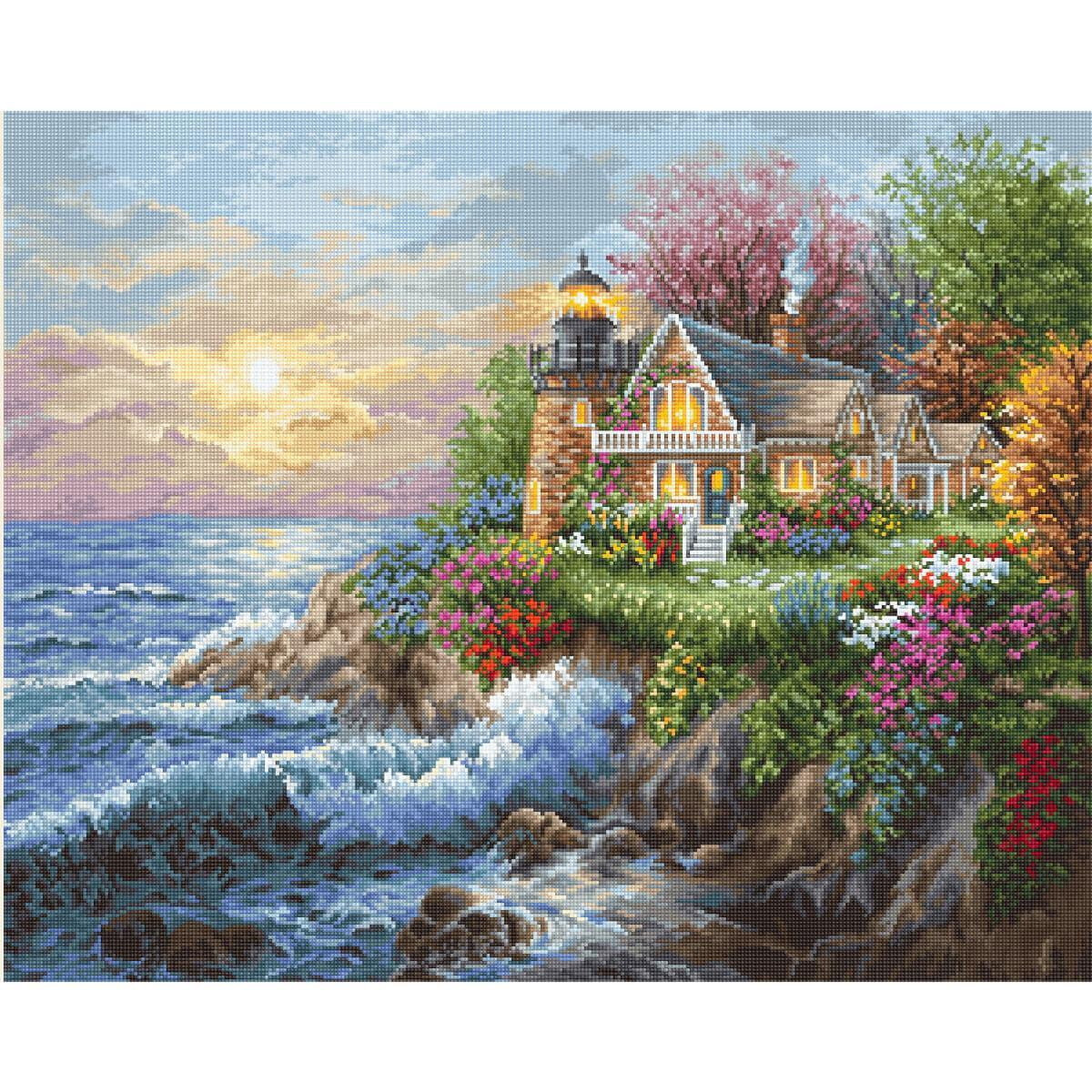 La imagen muestra una casita junto al mar con un faro,...