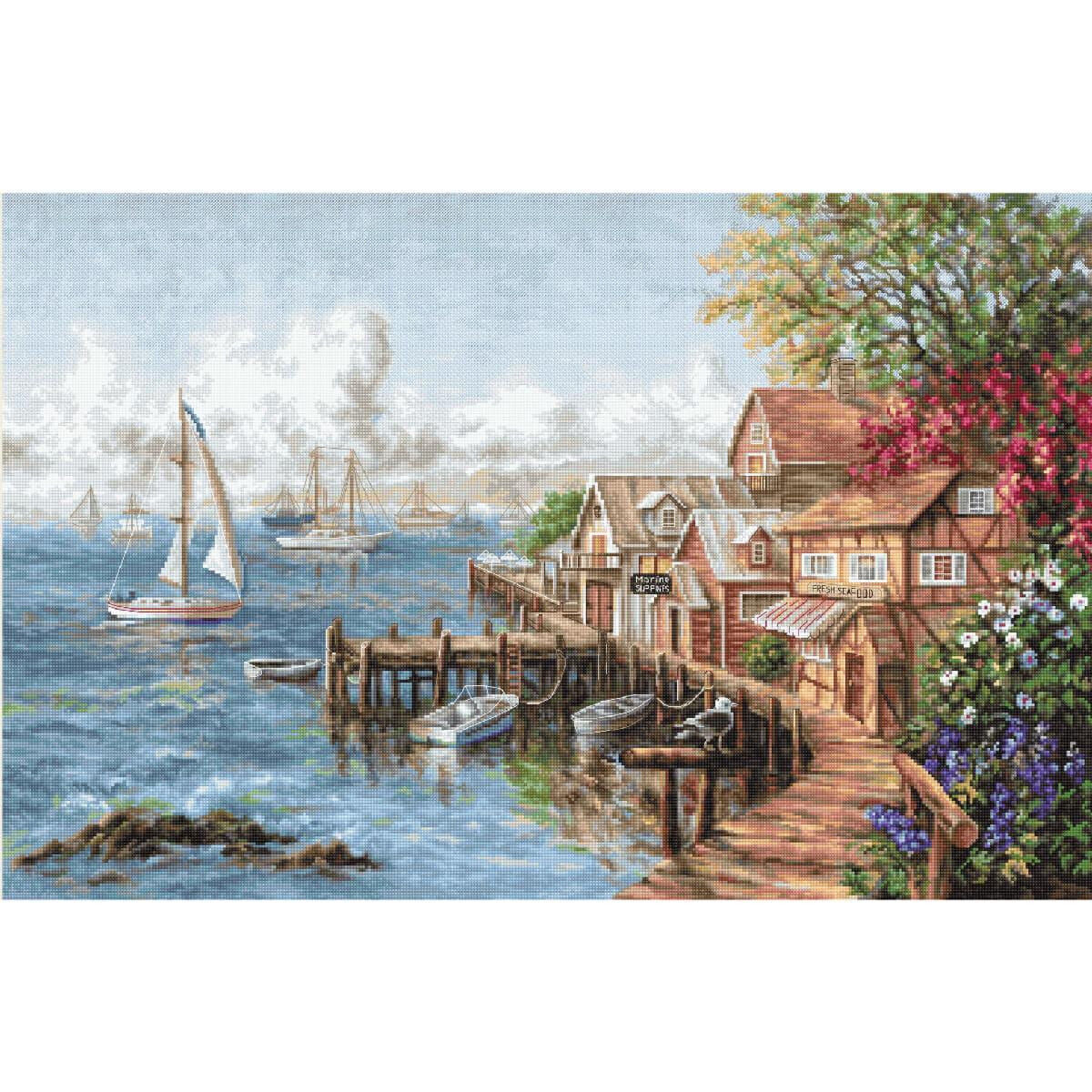 A picturesque harbor scene with sailboats on calm, blue...
