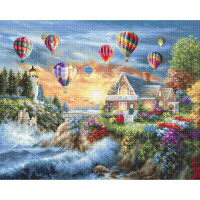 A lively scene of a coastal hut surrounded by blooming flowers at sunset. Numerous colorful hot air balloons float above, with a lighthouse on a rocky cliff to the left. The ocean waves crash against the shore and the sky is painted in warm shades of orange, pink and purple - perfect for your next Luca-s embroidery pack masterpiece.
