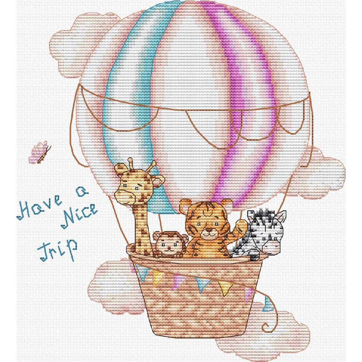 A whimsical illustration of a hot air balloon with a...