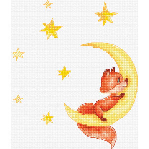 Ein Kreuzstichmuster, das einen orangefarbenen Fuchs mit aufgestellten Ohren zeigt, der sanft eine gelbe Mondsichel hält. Der Fuchs sitzt so, als würde er auf dem Mond klettern oder sich darauf ausruhen. Um ihn herum sind mehrere goldgelbe Sterne auf weißem Hintergrund verstreut. Perfekte Luca-s Stickpackung!