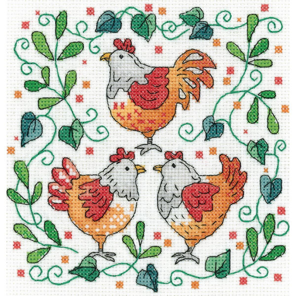 Plantilla de punto de cruz Heritage "Tres gallinas francesas", kcfh1602-c