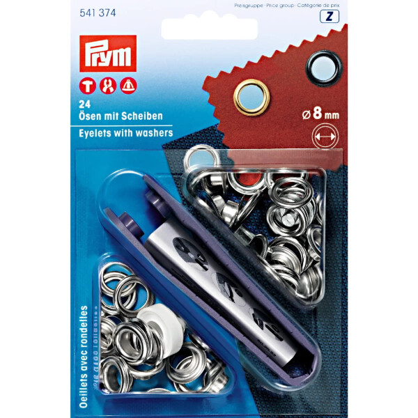 Prym 24 Eyelets with washers and piersing tool, 8mm, silver-colored
