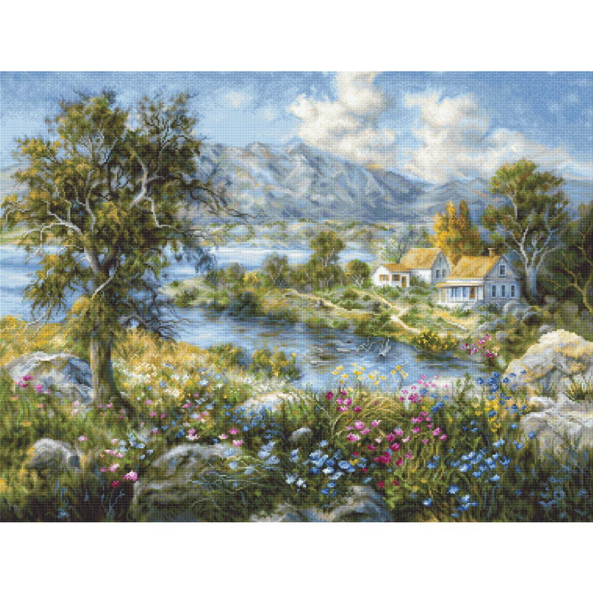 A vibrant landscape painting shows a calm river lined...