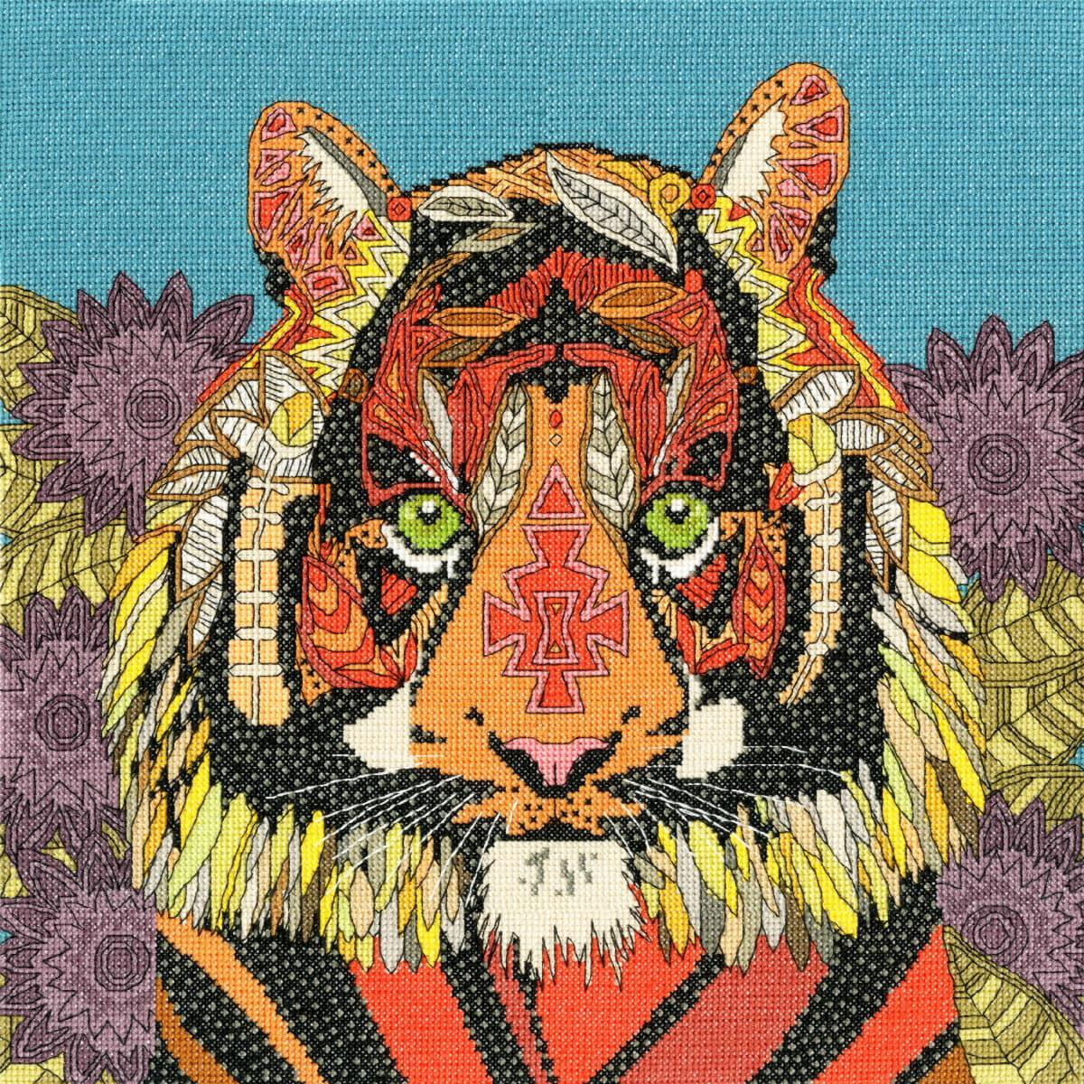 Замысловатая иллюстрация морды тигра, украшенная яркими...
