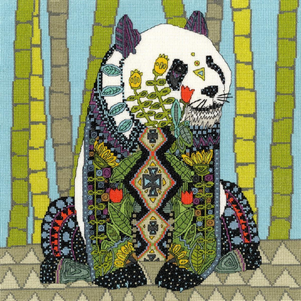 A colorful, intricately patterned artwork of a panda...
