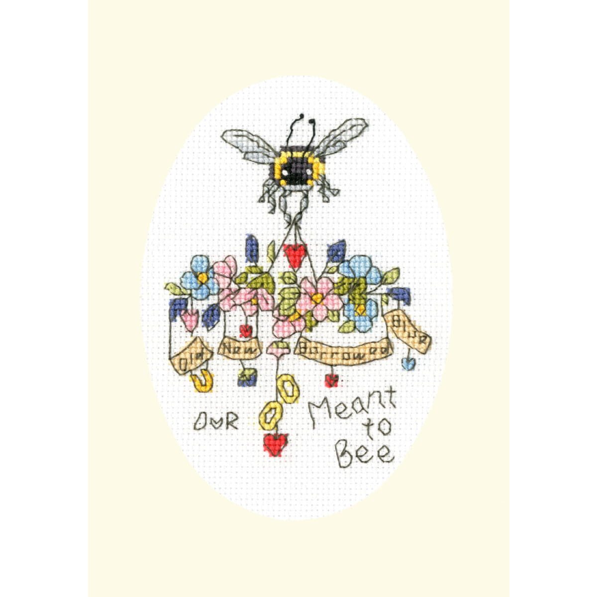 An enchanting cross-stitch embroidery shows a bee above a...
