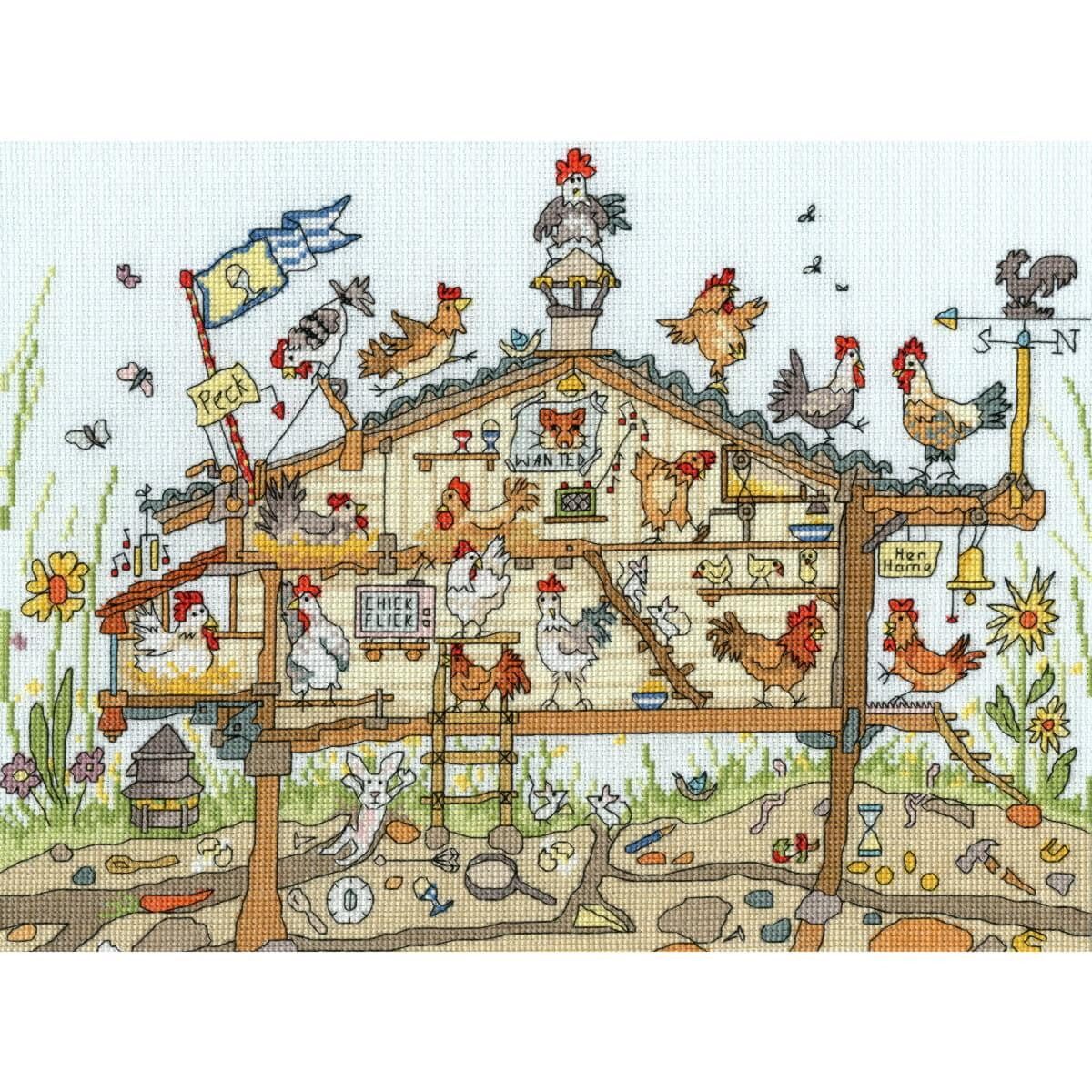 A whimsical illustration of a chicken coop full of lively...