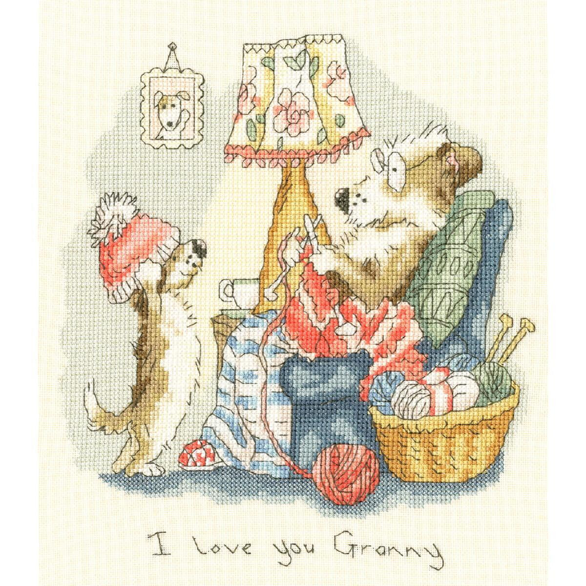 A whimsical illustration of a dog knitting in a cozy...