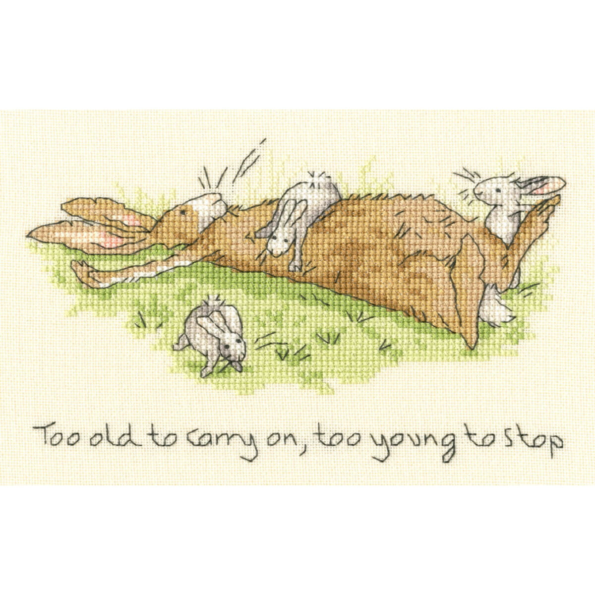 Cartoon-like drawing of an old brown rabbit lying on its...