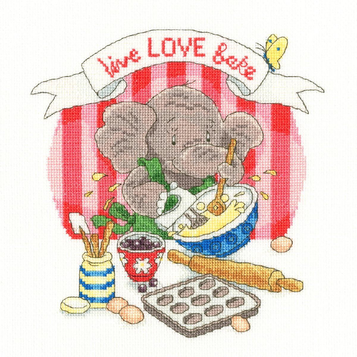 An illustration of a gray elephant baking. The elephant...