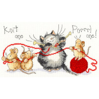 A playful black and white cat is knitting with red yarn and holding knitting needles. The cat is surrounded by three mice, each holding a piece of the red yarn. Above them is the text Knit one and Spurrr one!. This whimsical and cute embroidery pack scene from Bothy Threads is designed in an adorable cross stitch style.