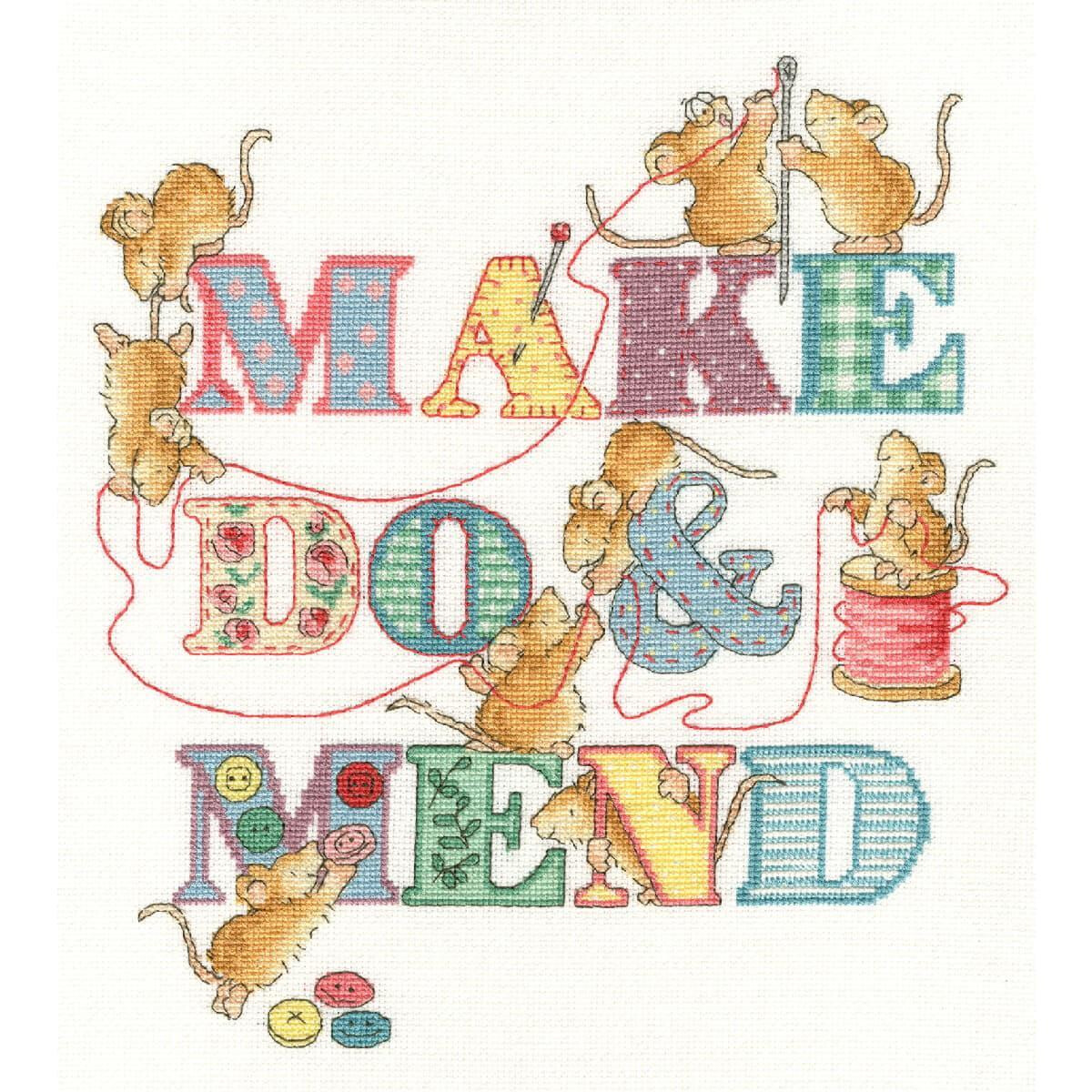 Illustration with the text MAKE DO & MEND in large,...