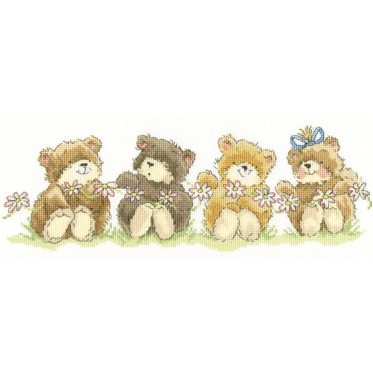 Four cute teddy bears are sitting in a row, each holding...