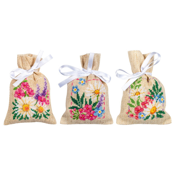 Vervaco herbal bags counted cross stitch kit "Spring flowers" Set of 3, 8x12cm, DIY