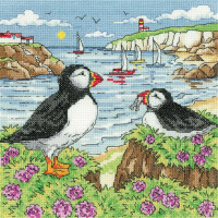 Heritage counted cross stitch kit Aida "Puffin Shore", BSPF1610-A, 20,5x20,5cm, DIY