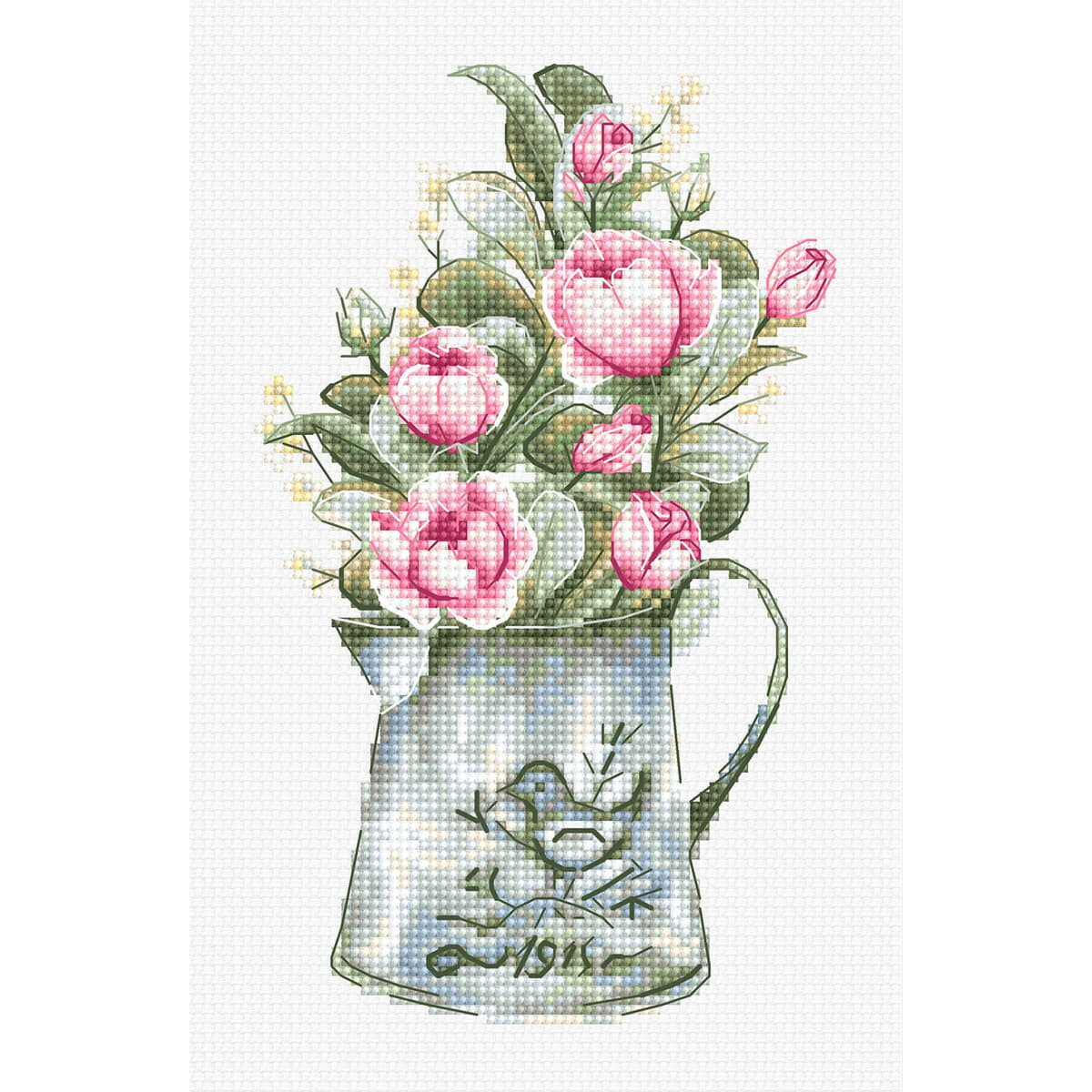 An embroidery pack with a cross stitch design of pink and...