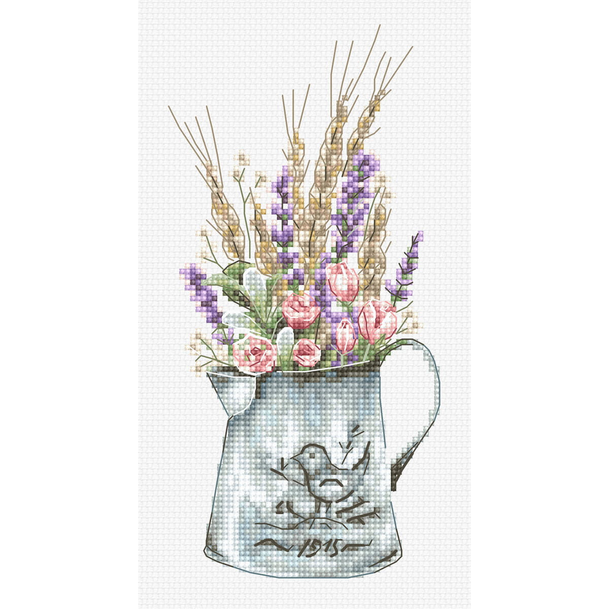 A cross stitch image of a rustic metal jug decorated with...