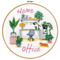 Vervaco Set punto croce con telaio da ricamo "Home Office", schema di conteggio, diam 20cm.