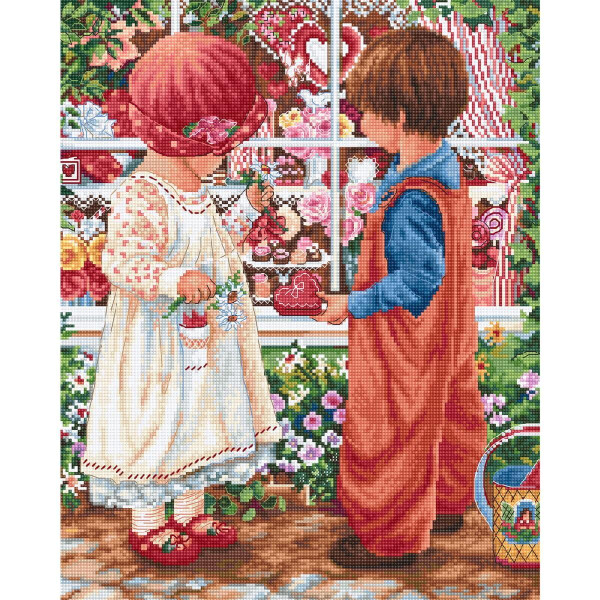 Een kleurrijke illustratie van twee kinderen die voor een decoratief raam staan. Het meisje in een witte jurk en rode pet houdt een klein ornament vast. De jongen in een oranje jumpsuit, blauw shirt en bruine schoenen bekijkt een ander ornament. De achtergrond is gevuld met grillige decoraties en bloemen die doen denken aan een Luca-s borduurpakket.