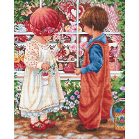 Illustrazione colorata di due bambini in piedi davanti a una finestra decorativa. La bambina in abito bianco e berretto rosso tiene in mano un piccolo ornamento. Il bambino in tuta arancione, camicia blu e scarpe marroni esamina un altro ornamento. Lo sfondo è pieno di decorazioni e fiori stravaganti che ricordano un pacchetto di ricami di Luca.