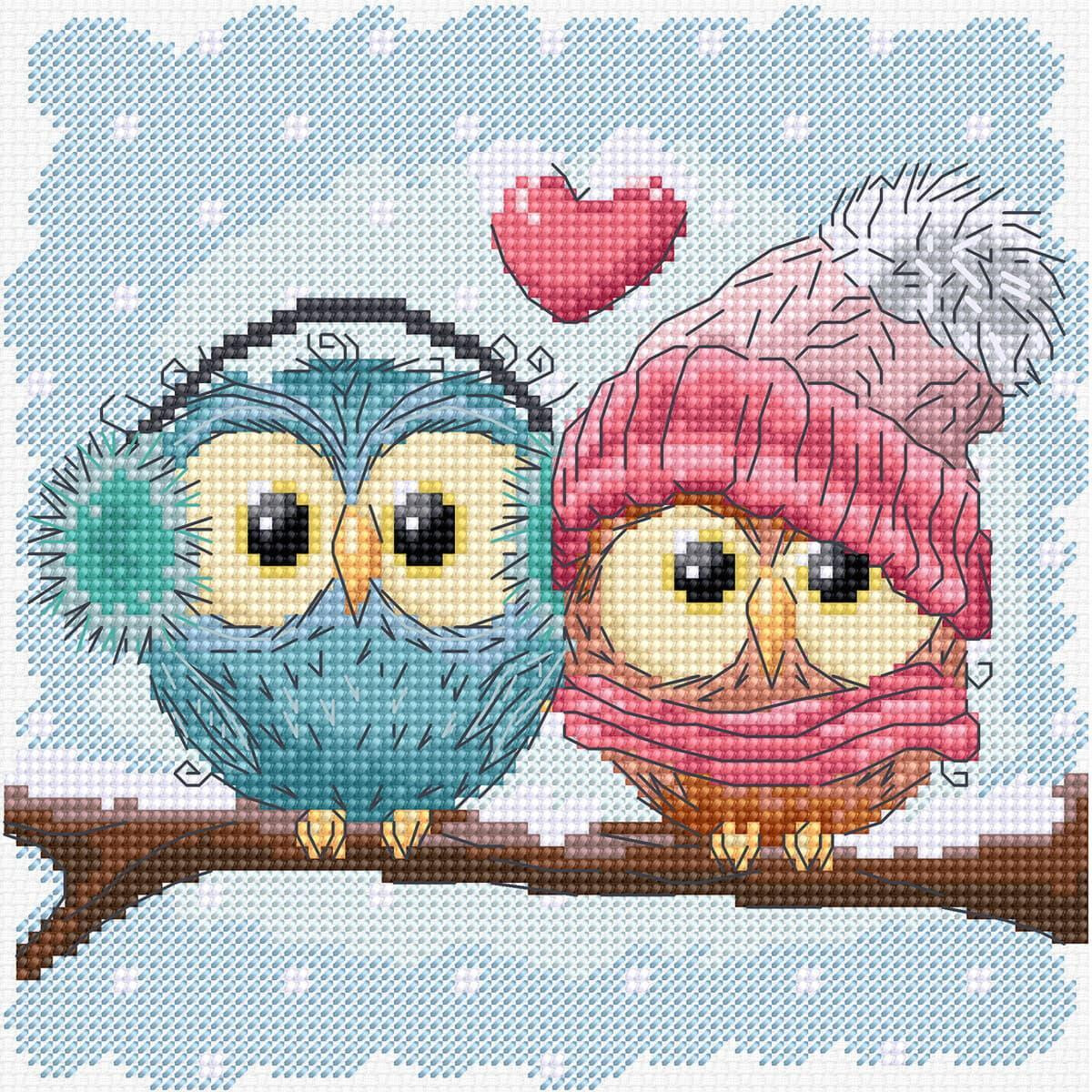A cross stitch pattern showing two cute owls sitting on a...