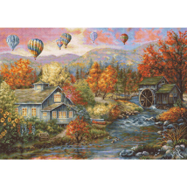 Eine farbenfrohe Landschaft zeigt Heißluftballons, die über einer ruhigen Herbstkulisse schweben. Darunter fließt ein Fluss an einer rustikalen Mühle mit einem Wasserrad und einem gemütlichen Haus vorbei, das von leuchtend roten und orangefarbenen Bäumen umgeben ist. Im Hintergrund erheben sich Berge unter einem teilweise bewölkten Himmel, perfekt zum Einfangen in der Stickerei von Luca-s Stickpackung.