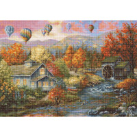 A colorful landscape shows hot air balloons floating above a tranquil autumn backdrop. Below, a river flows past a rustic mill with a water wheel and a cozy house surrounded by bright red and orange trees. Mountains rise in the background under a partly cloudy sky, perfect for capturing in Luca-s embroidery pack.